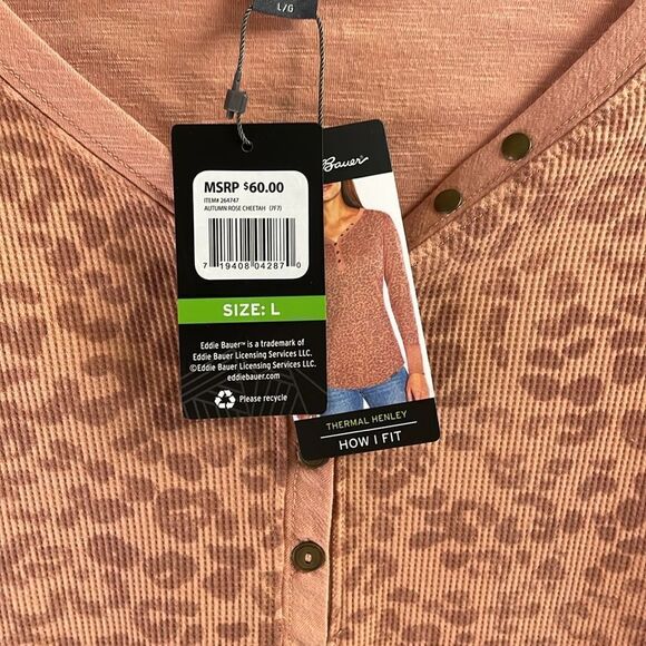 EDDIE BAUER Ladies Thermal Henley Shirt Top Autumn Rose Cheetah Size Large NWT - Picture 9 of 12